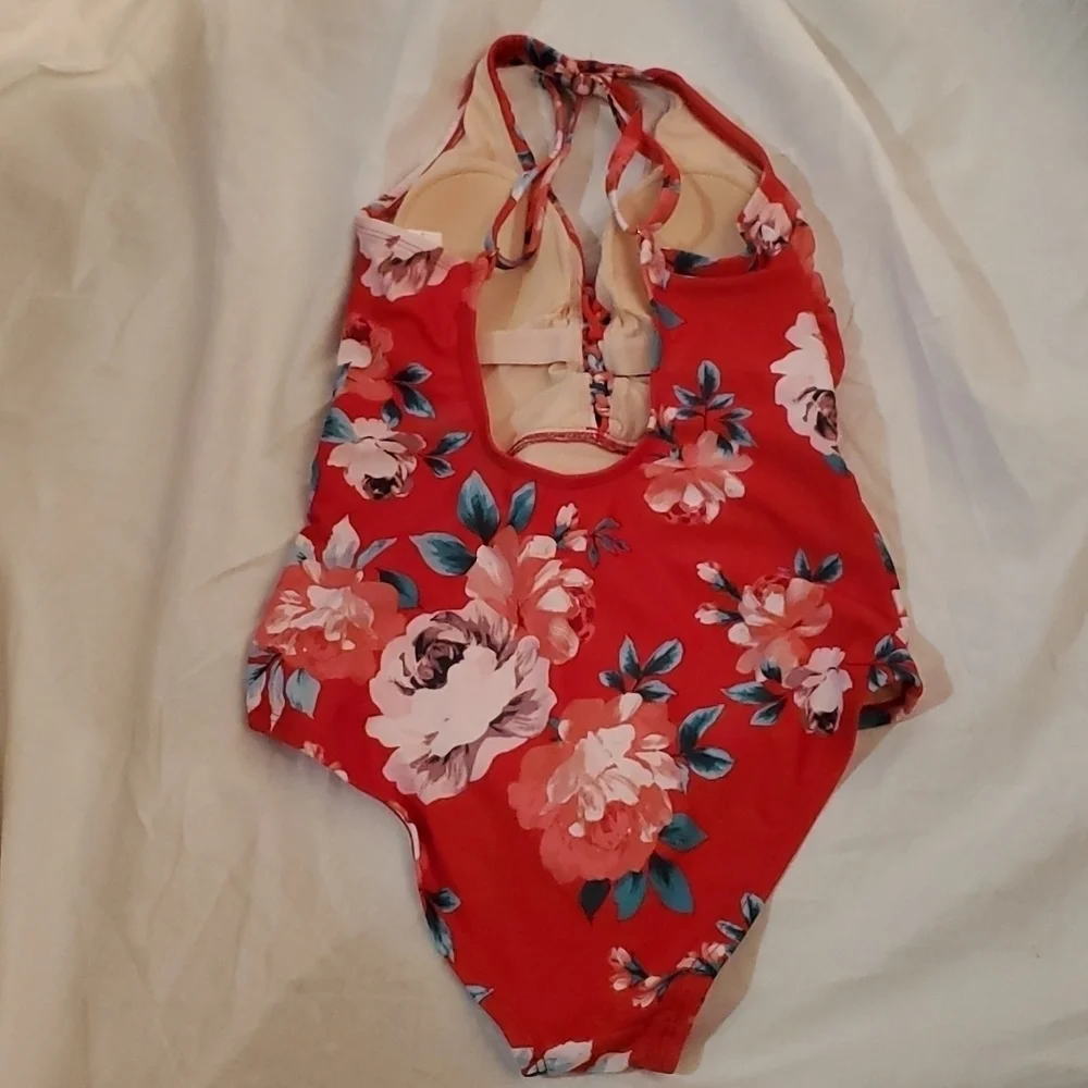 Kona Sol Swimsuit Small Red Floral Full Piece One Piece
